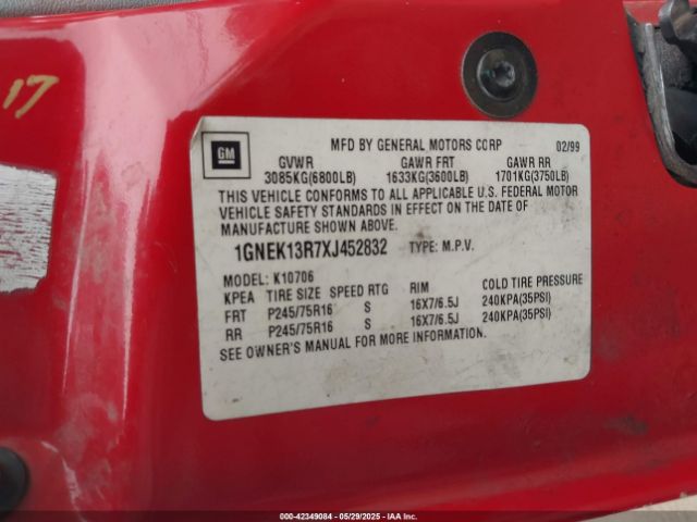 1999 CHEVROLET TAHOE 1GNEK13R7XJ452832 Photo 8
