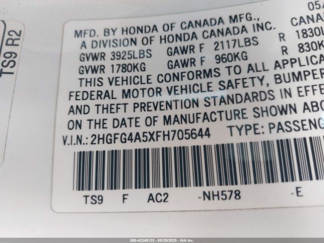 2HGFG4A5XFH705644 Honda CIVIC SI