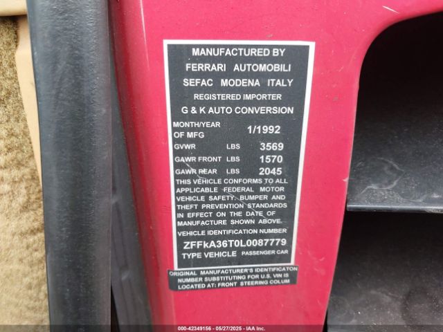 1992 FERRARI 348 ZFFKA36T0L0087779 Photo 8