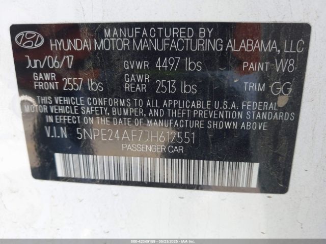 5NPE24AF7JH612551 Hyundai SONATA SE