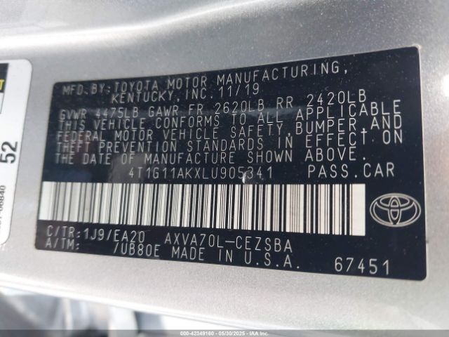 2020 TOYOTA CAMRY 4T1G11AKXLU905341 Photo 8