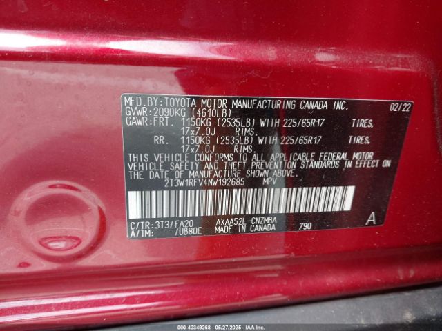 2T3W1RFV4NW192685 Toyota a25a-fks