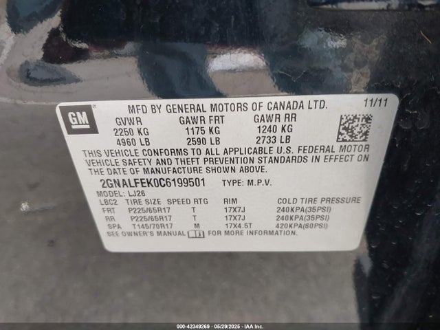 Aukcja sprzedaży 2012 Chevrolet Equinox Ltz, vin: 2GNALFEK0C6199501, numer aukcji: 42349269