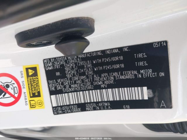 5TDZKRFH2ES025862 Toyota Highlander Le