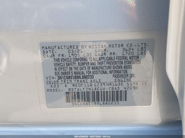 3N1CN8EV8ML880233 Nissan Versa Sv Xtronic Cvt