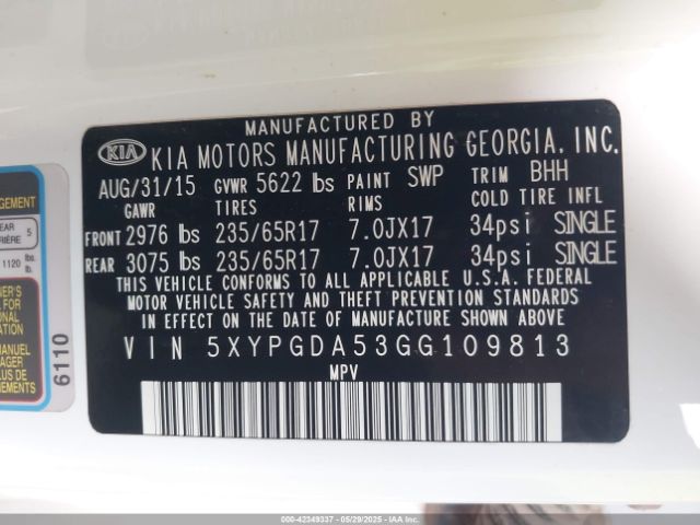 5XYPGDA53GG109813 KIA dohc gdi lambda ii
