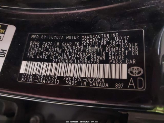 2T1BURHE1JC994778 Toyota COROLLA SE