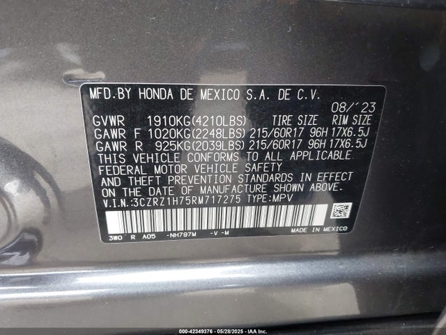 3CZRZ1H75RM717275 Honda Hr-v 2wd Ex-l/2wd Ex-l W/o Bsi
