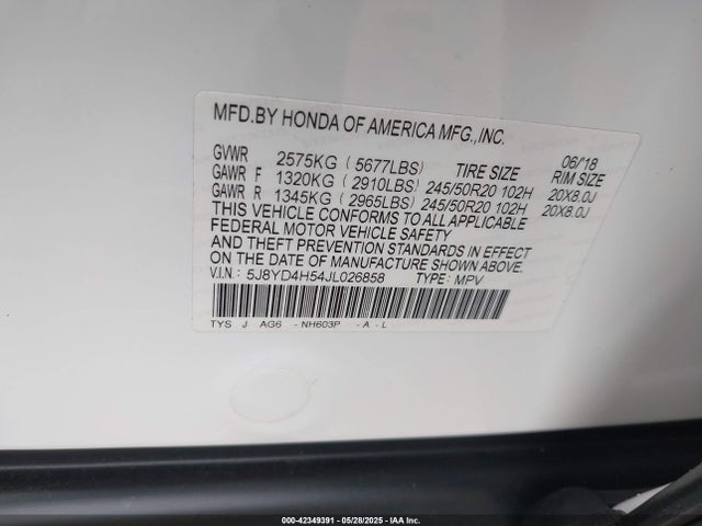 5J8YD4H54JL026858 Acura Mdx Technology Package   Acurawatch Plus Pkg