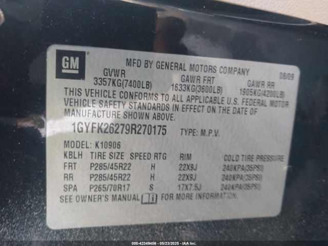 2009 CADILLAC ESCALADE ESV 1GYFK26279R270175 Photo 8