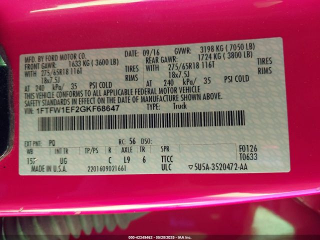 1FTFW1EF2GKF68647 Ford F-150