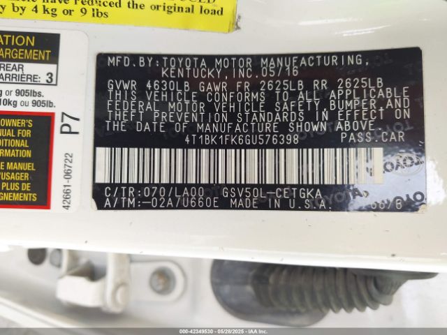 4T1BK1FK6GU576398 Toyota Camry Xle V6