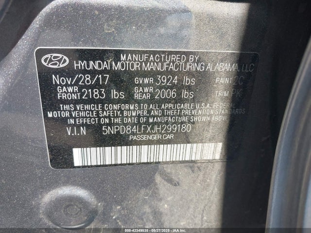 5NPD84LFXJH299180 Hyundai mpi nu