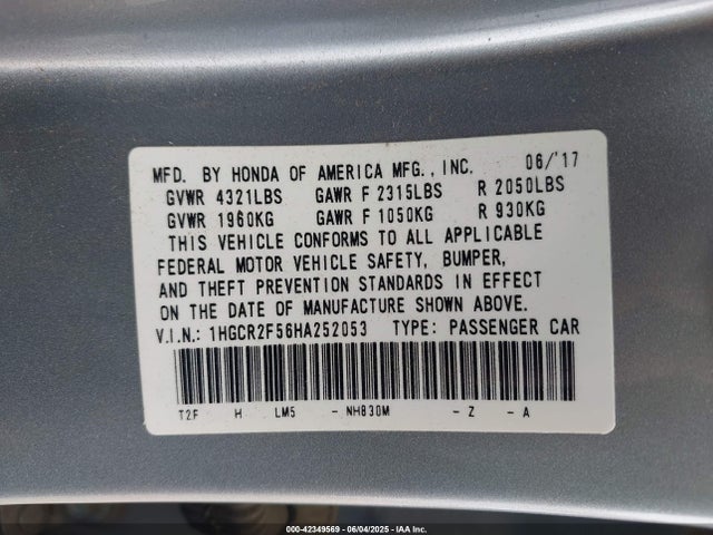 1HGCR2F56HA252053 Honda k24w1