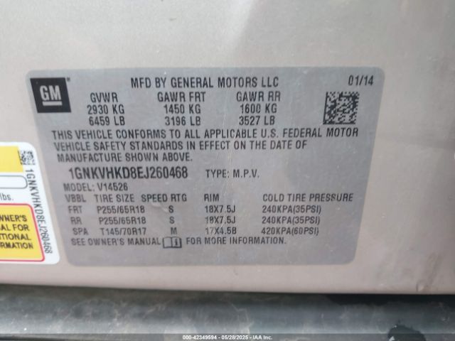 1GNKVHKD8EJ260468 Chevrolet Traverse 2lt