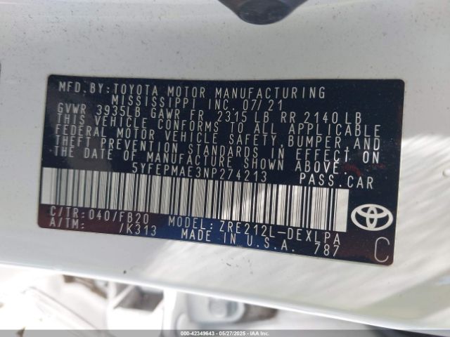 5YFEPMAE3NP274213 Toyota COROLLA LE