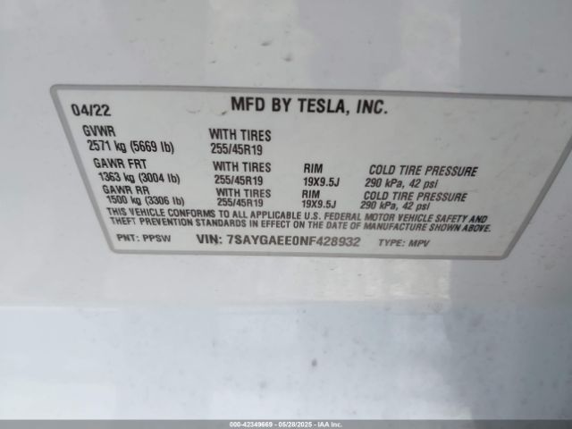 7SAYGAEE0NF428932 Tesla Model Y Long Range Dual Motor All-wheel Drive