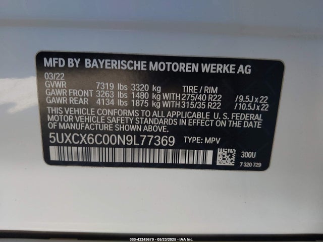5UXCX6C00N9L77369 BMW 2022