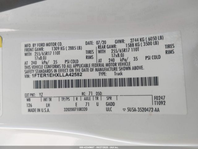 1FTER1EHXLLA42582 Ford RANGER XL