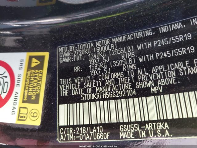 5TDDKRFH5GS292104 Toyota 2gr-fe