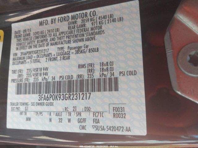 3FA6P0K93GR231217 Ford Fusion Titanium