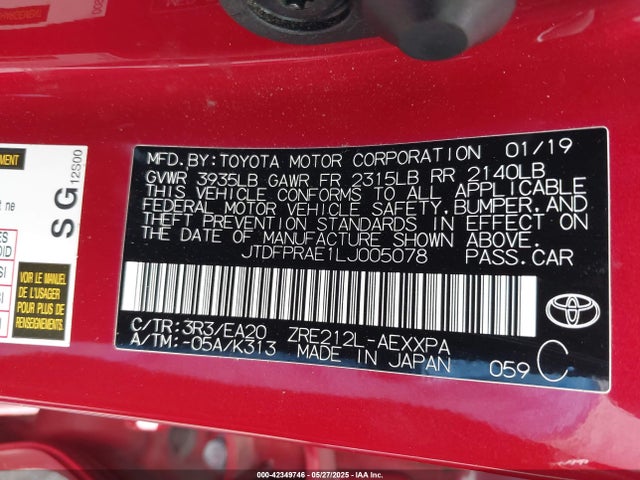 JTDFPRAE1LJ005078 Toyota 2zr-fae
