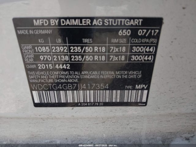 WDCTG4GB7JJ417354 Mercedes-Benz Gla 250 4matic