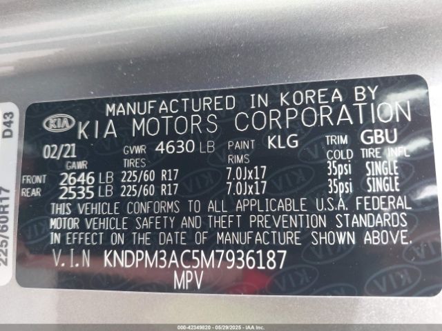 KNDPM3AC5M7936187 KIA Sportage Lx