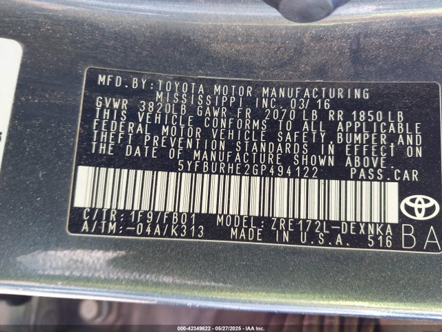 5YFBURHE2GP494122 Toyota Corolla L/le/le Plus/le Premium/s/s Plus/s Premium/s W/special Edition Pkg