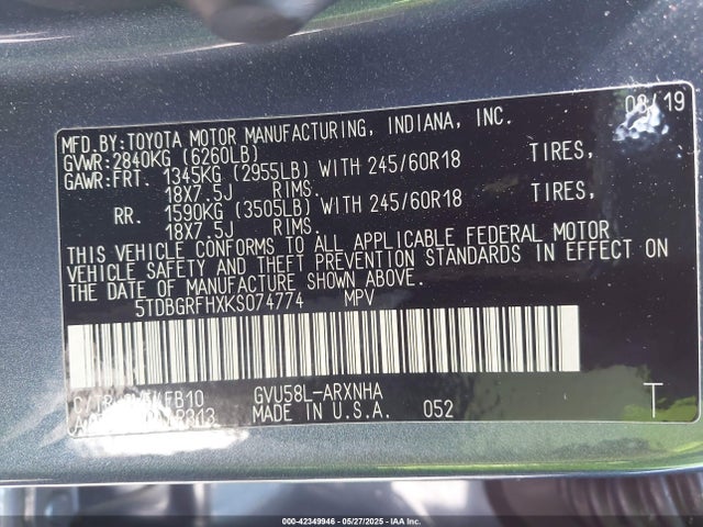 5TDBGRFHXKS074774 Toyota 2gr-fxs, 4jm+2fm