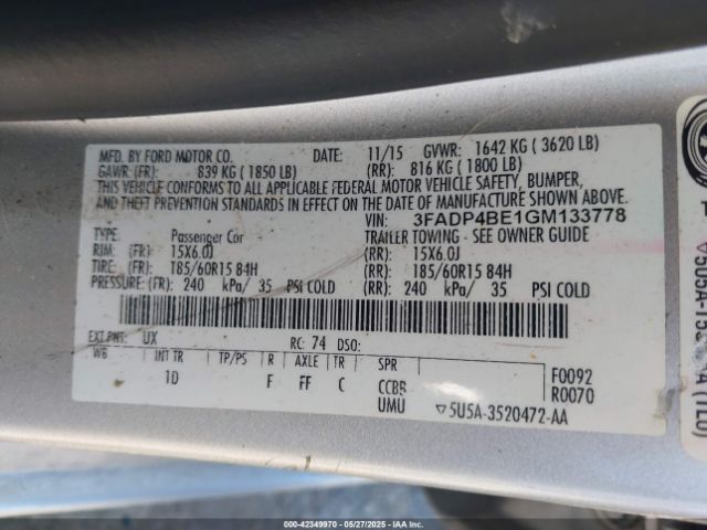 3FADP4BE1GM133778 Ford FIESTA SE