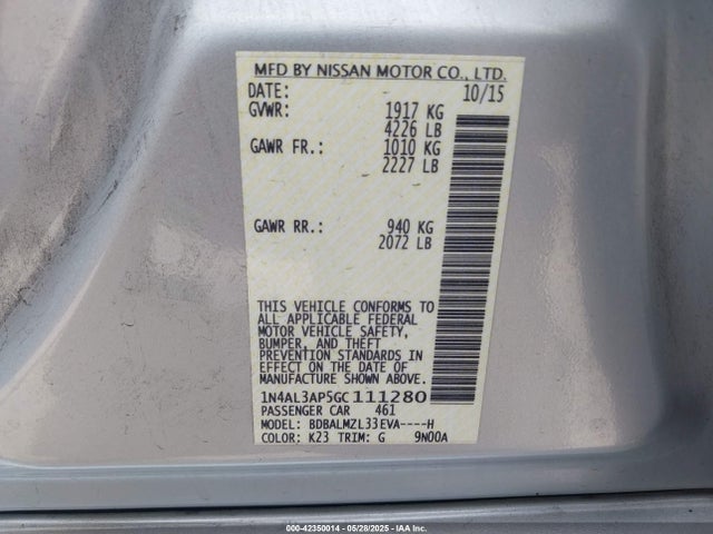 1N4AL3AP5GC111280 Nissan Altima 2.5 Sv