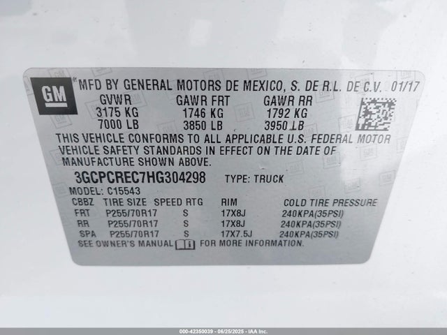 3GCPCREC7HG304298 Chevrolet l83 - sidi: spark ignited direct injection, vvt: variable valve timing, afm, e85 max, alum