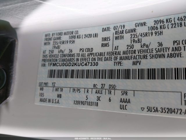 1FMCU0GD2KUC47330 Ford ESCAPE SE