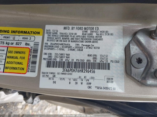 Ford FUSION SE 2017 3FA6P0H76HR296456 Image 9