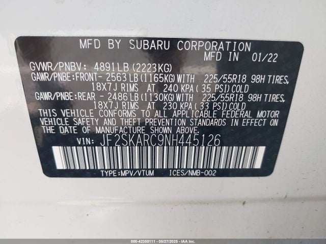 Subaru na u5 2022 JF2SKARC9NH445126 Image 9