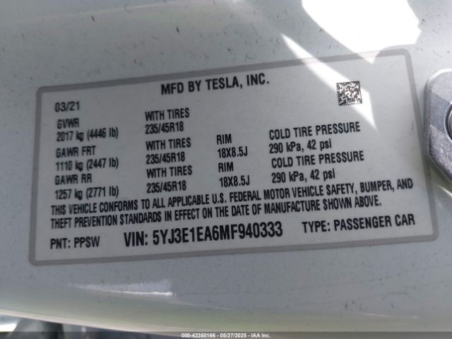 5YJ3E1EA6MF940333 Tesla 2021