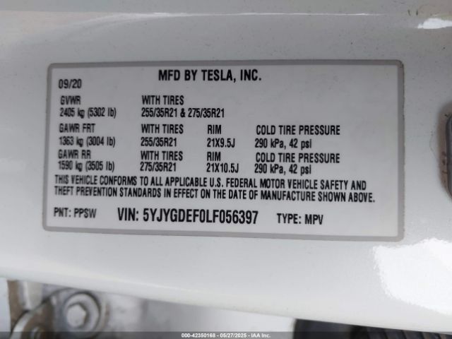 2020 TESLA MODEL Y 5YJYGDEF0LF056397 Photo 8