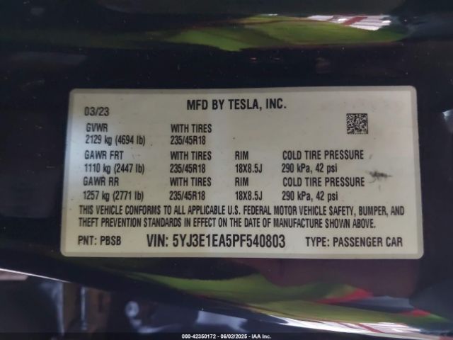 5YJ3E1EA5PF540803 Tesla Model 3 Rear-wheel Drive