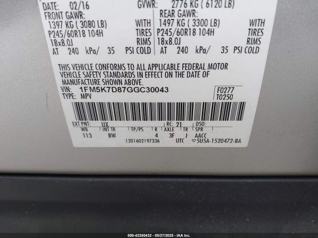 1FM5K7D87GGC30043 Ford EXPLORER XLT