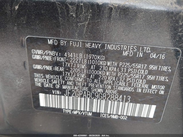 Subaru naturally aspirated 2016 JF2GPABC9G8288413 Image 9