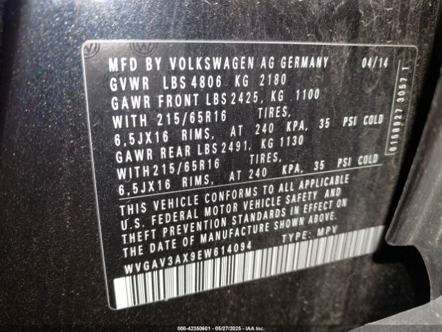 WVGAV3AX9EW614094 Volkswagen TIGUAN S