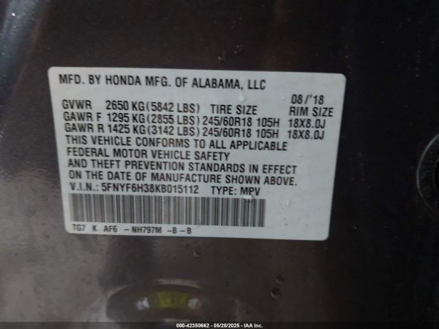 5FNYF6H38KB015112 Honda Pilot Ex