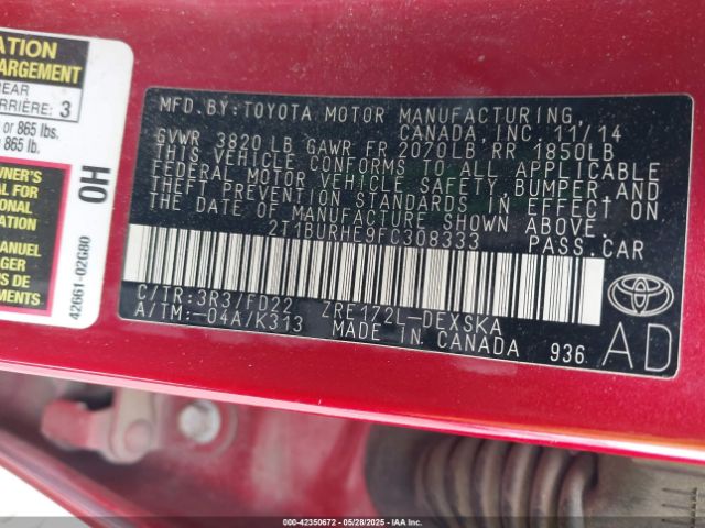 2T1BURHE9FC308333 Toyota Corolla S Plus