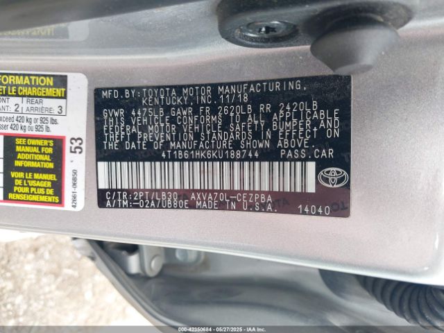 4T1B61HK6KU188744 Toyota CAMRY XSE