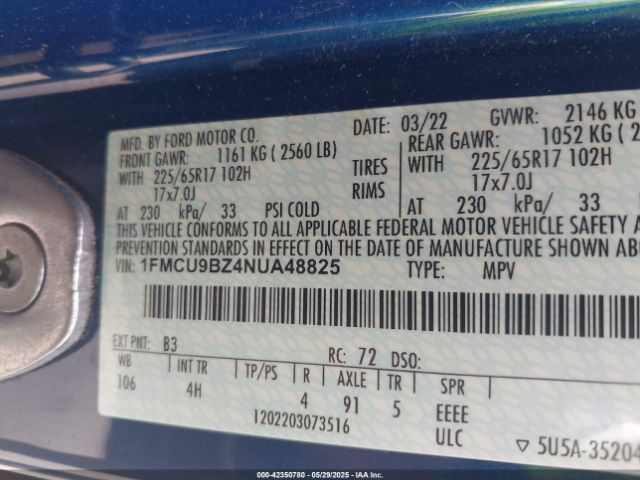 1FMCU9BZ4NUA48825 Ford Escape Se Hybrid