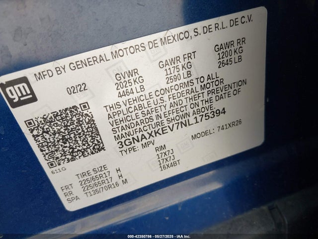 3GNAXKEV7NL175394 Chevrolet Equinox Fwd Lt