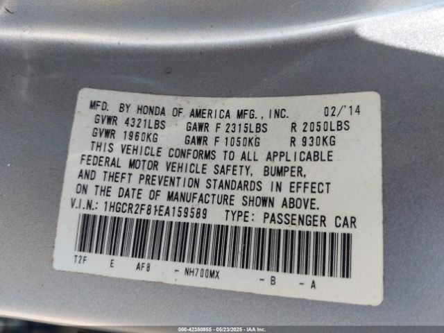 1HGCR2F81EA159589 Honda Accord Ex-l