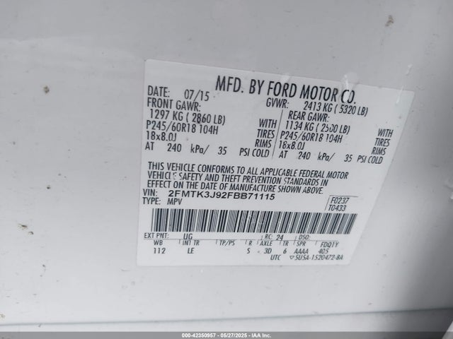 Ford Edge 2015 2FMTK3J92FBB71115 Image 9
