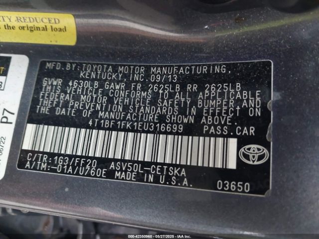 4T1BF1FK1EU316699 Toyota Camry L/le/se/se Sport/xle